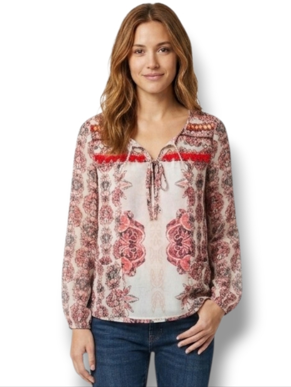Style & Co Women’s Boho Floral Semi-Sheer Blouse with Front Pockets - Size Small